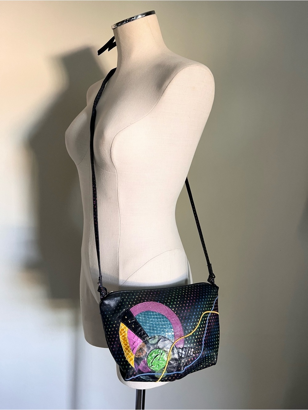 VTG 80s 90s Multi Color Snakeskin Patchwork Leather Crossbody Bag Art Deco Retro